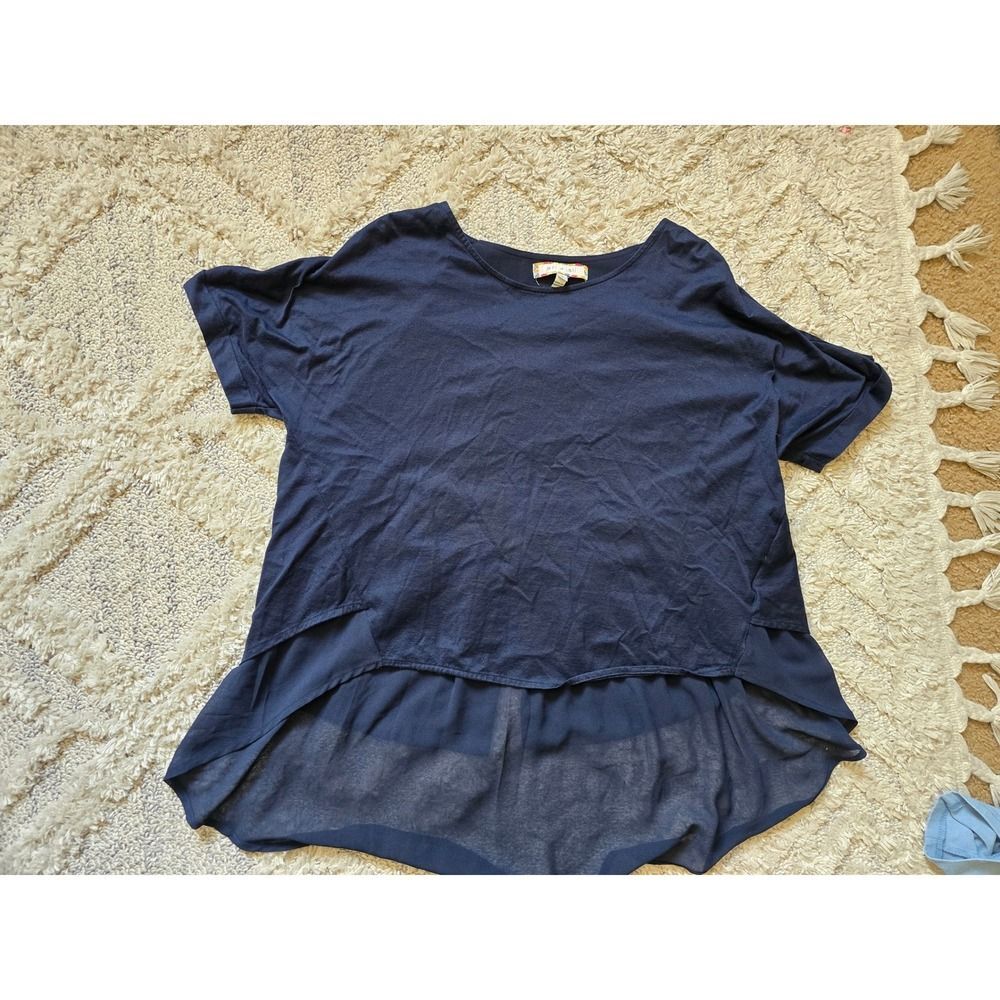Eri+Ali Anthropology Women's Navy Blue Short Sleeve Hi-Lo Hem Top Blouse‎ Size S